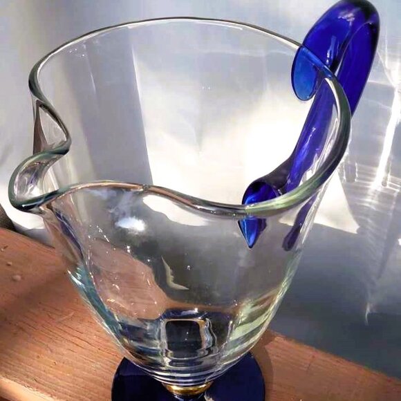 Stunning Romania Crystal Clear Glass Pitcher Cobalt Blue Gold Gilded Ring Bas - Picture 4 of 8